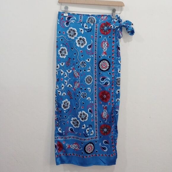 Rachel Zoe Dresses & Skirts - Rachel Zoe Blue Satin Bandana Scarf Print Faux Wrap Skirt, Size XS